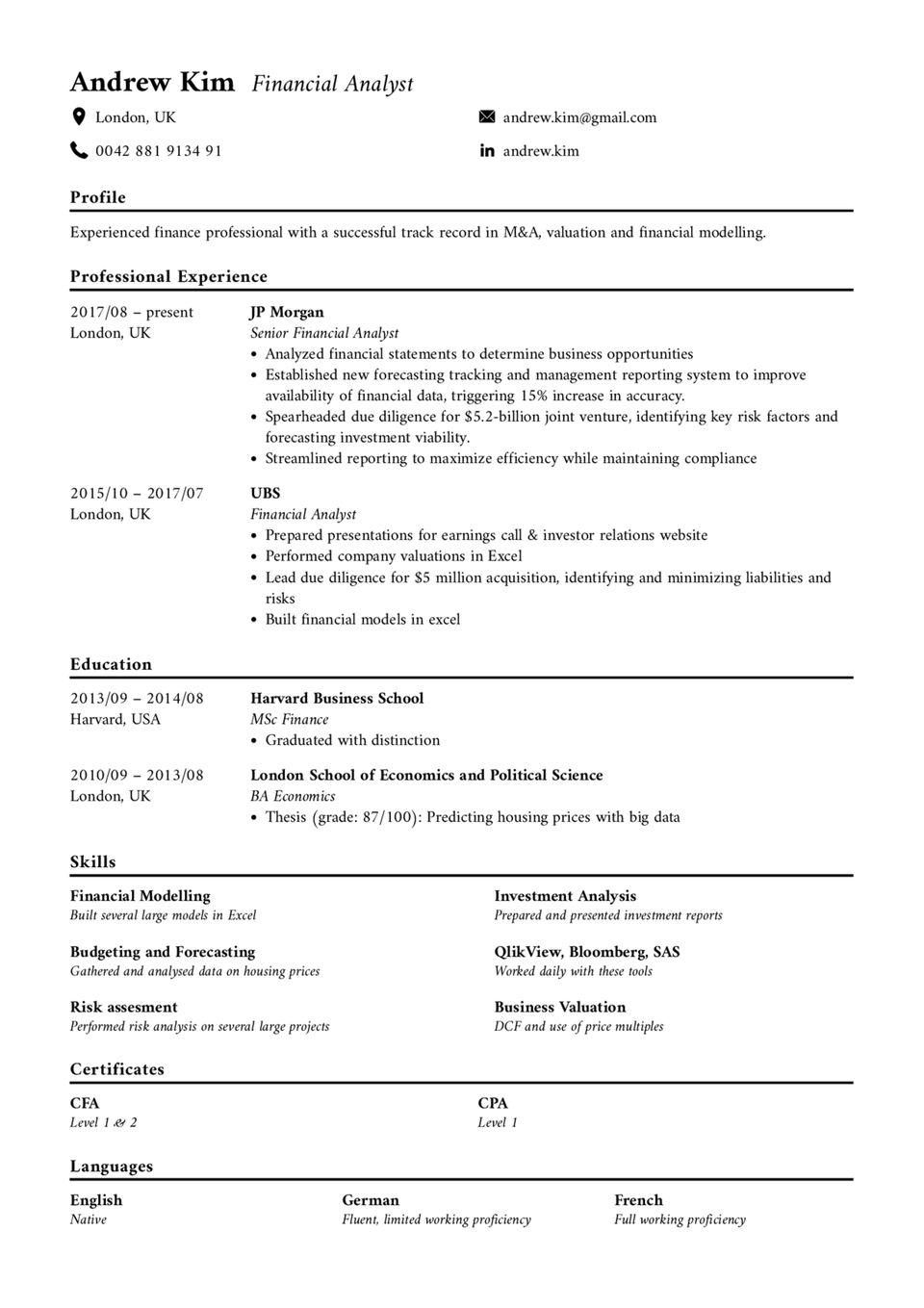 Classic monochrome resume template for executives